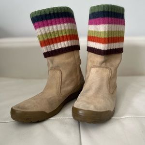 Size 7.5 Coach pull on short suede multicolour striped wool sweater boots
